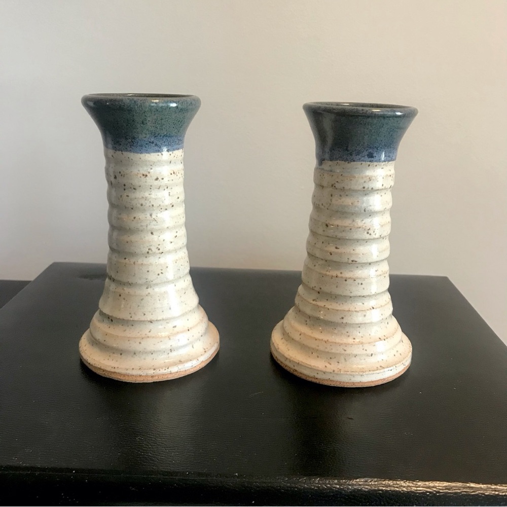 Signed 1988 David Sarver Stoneware Taper Candle Holders 5” PA Rare EUC
